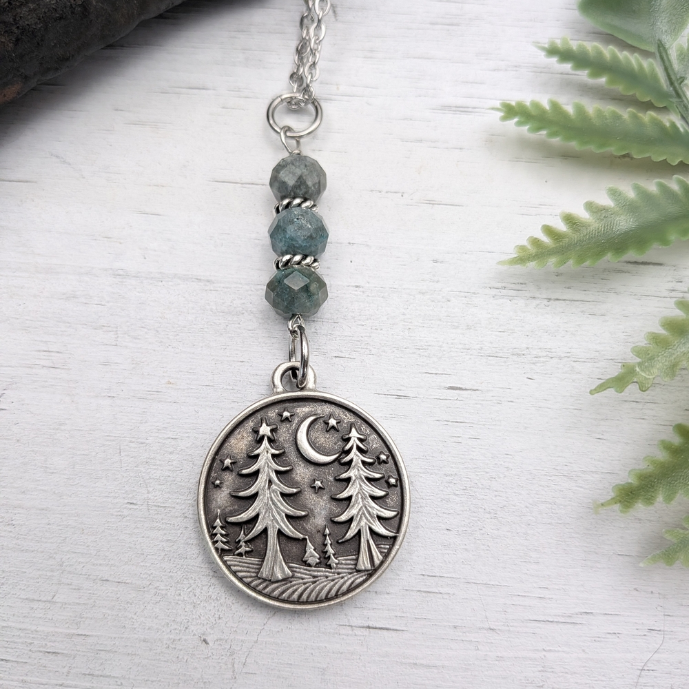 Mountain Pine Tree Forest Moon Pendant Necklace with Green Agate Beads